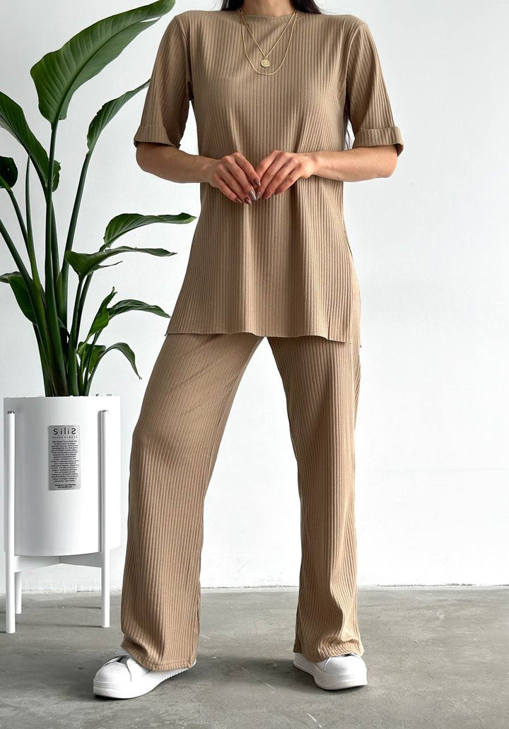 Women's Crew Neck Poor Sleeve Ribbed Camisole Two Piece Set