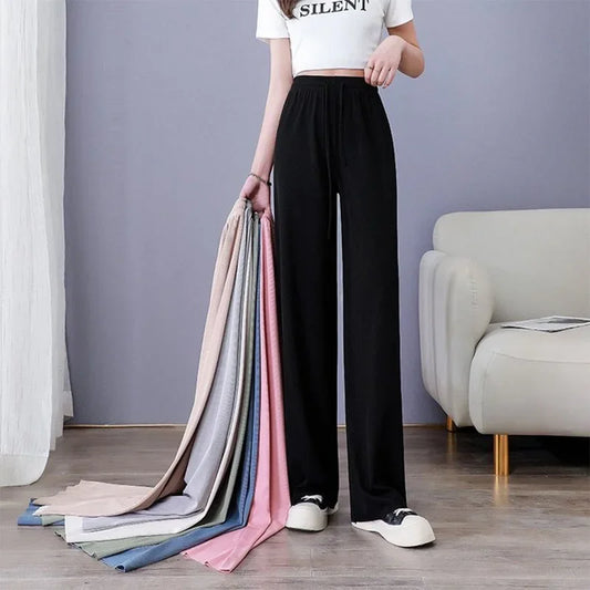 Women's soft ice silk wide leg pants High waist loose comfortable straight leg casual pants suitable for outdoor black pants