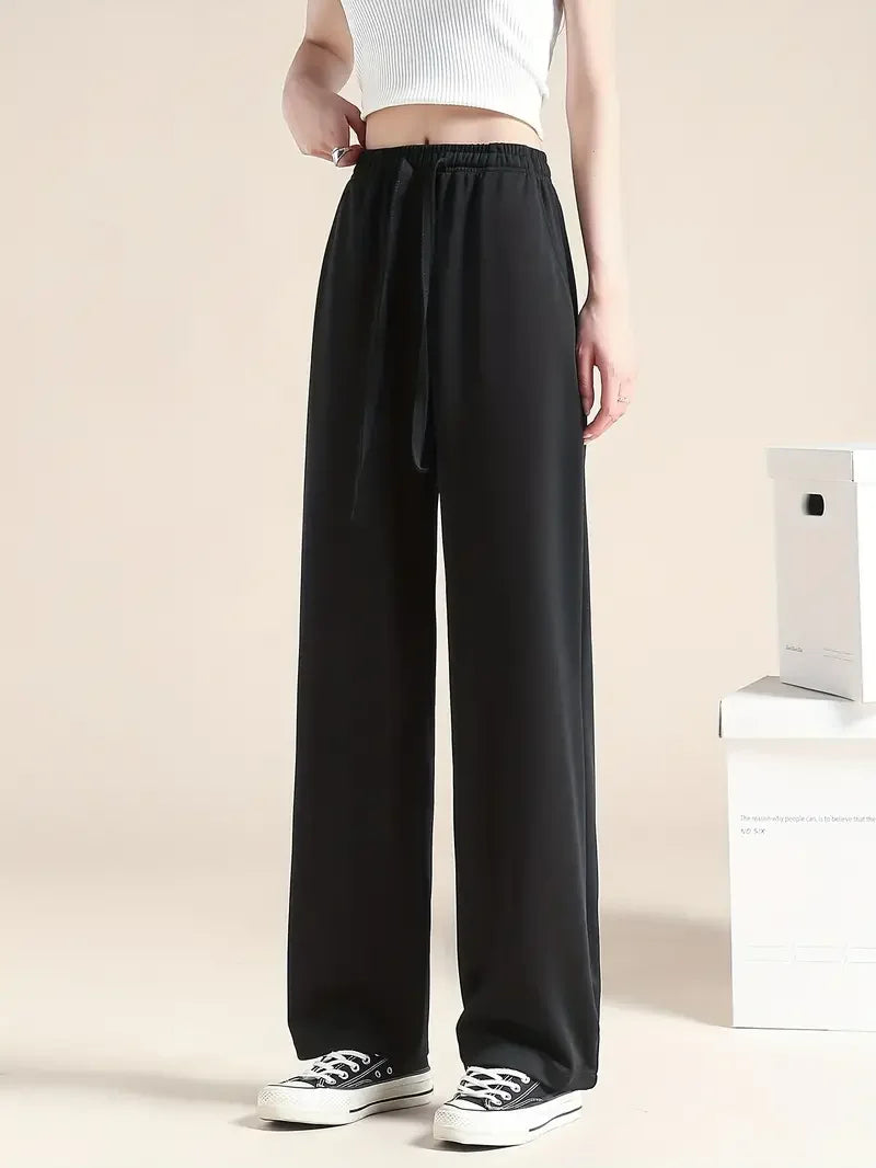 Women's soft ice silk wide leg pants High waist loose comfortable straight leg casual pants suitable for outdoor black pants