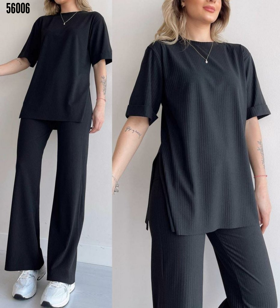 Women's Crew Neck Poor Sleeve Ribbed Camisole Two Piece Set