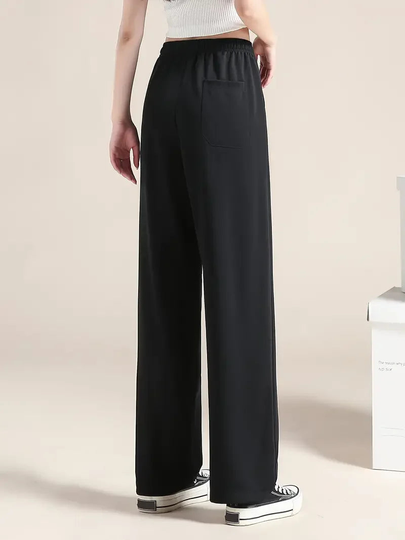 Women's soft ice silk wide leg pants High waist loose comfortable straight leg casual pants suitable for outdoor black pants