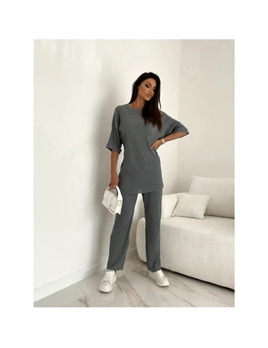 Women's Crew Neck Poor Sleeve Ribbed Camisole Two Piece Set