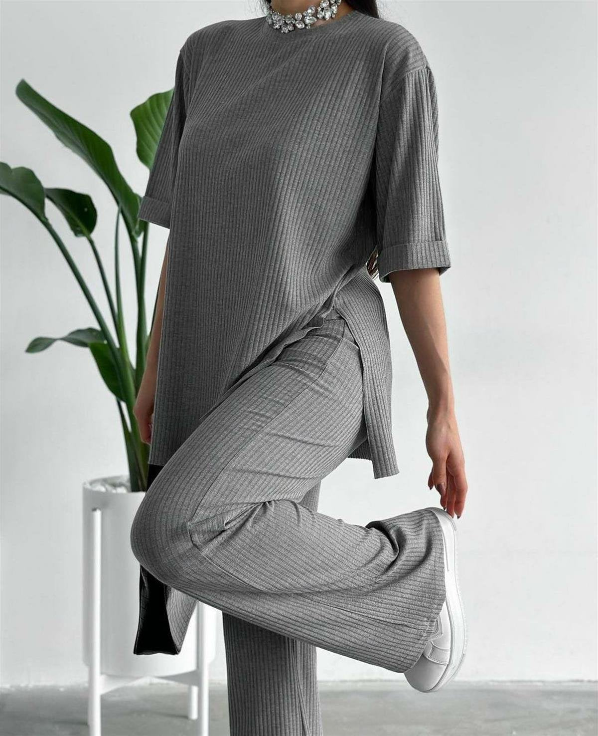 Women's Crew Neck Poor Sleeve Ribbed Camisole Two Piece Set