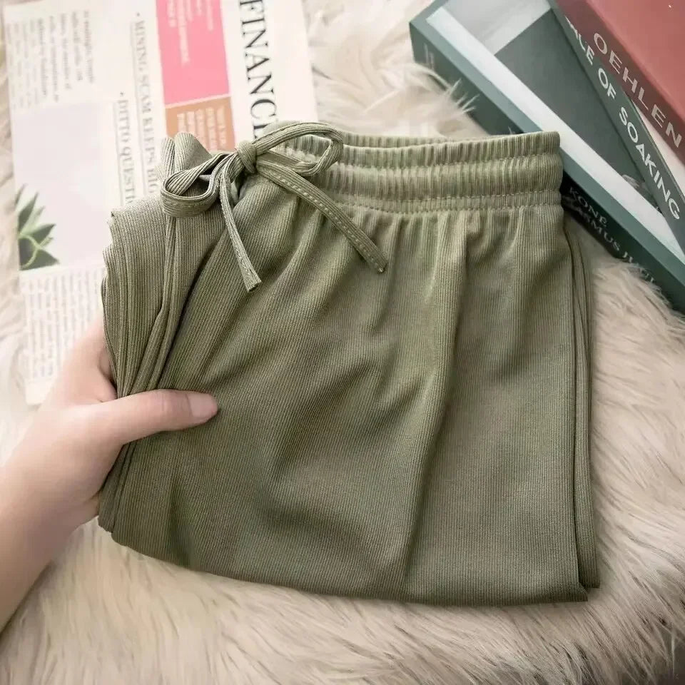 Women's soft ice silk wide leg pants High waist loose comfortable straight leg casual pants suitable for outdoor black pants