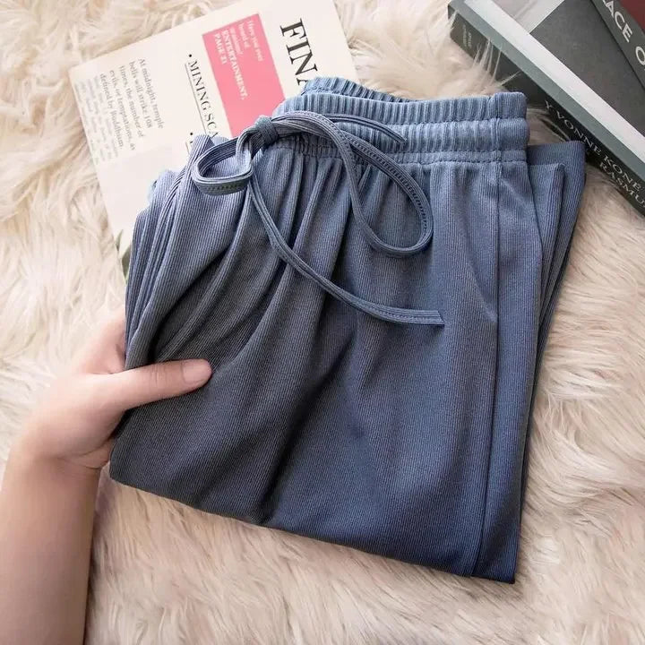 Women's soft ice silk wide leg pants High waist loose comfortable straight leg casual pants suitable for outdoor black pants